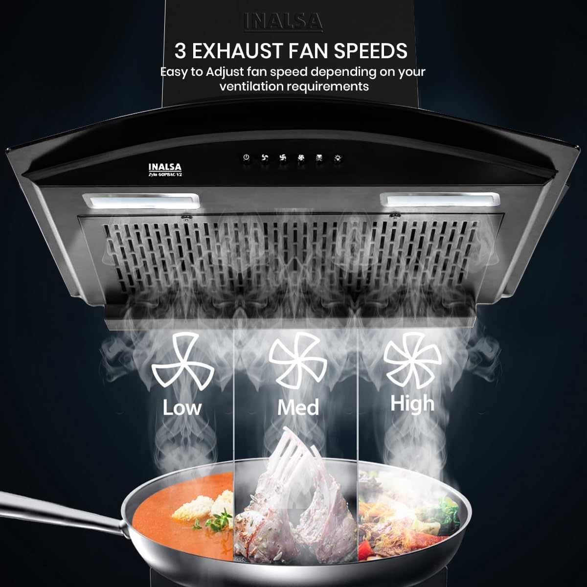 Inalsa Zylo 60PBAC Filterless 1250 m³/hr Curved Glass, Push Button Control 1250 CMH 60 cm Auto Clean Chimney (Wall Mounted, Black)