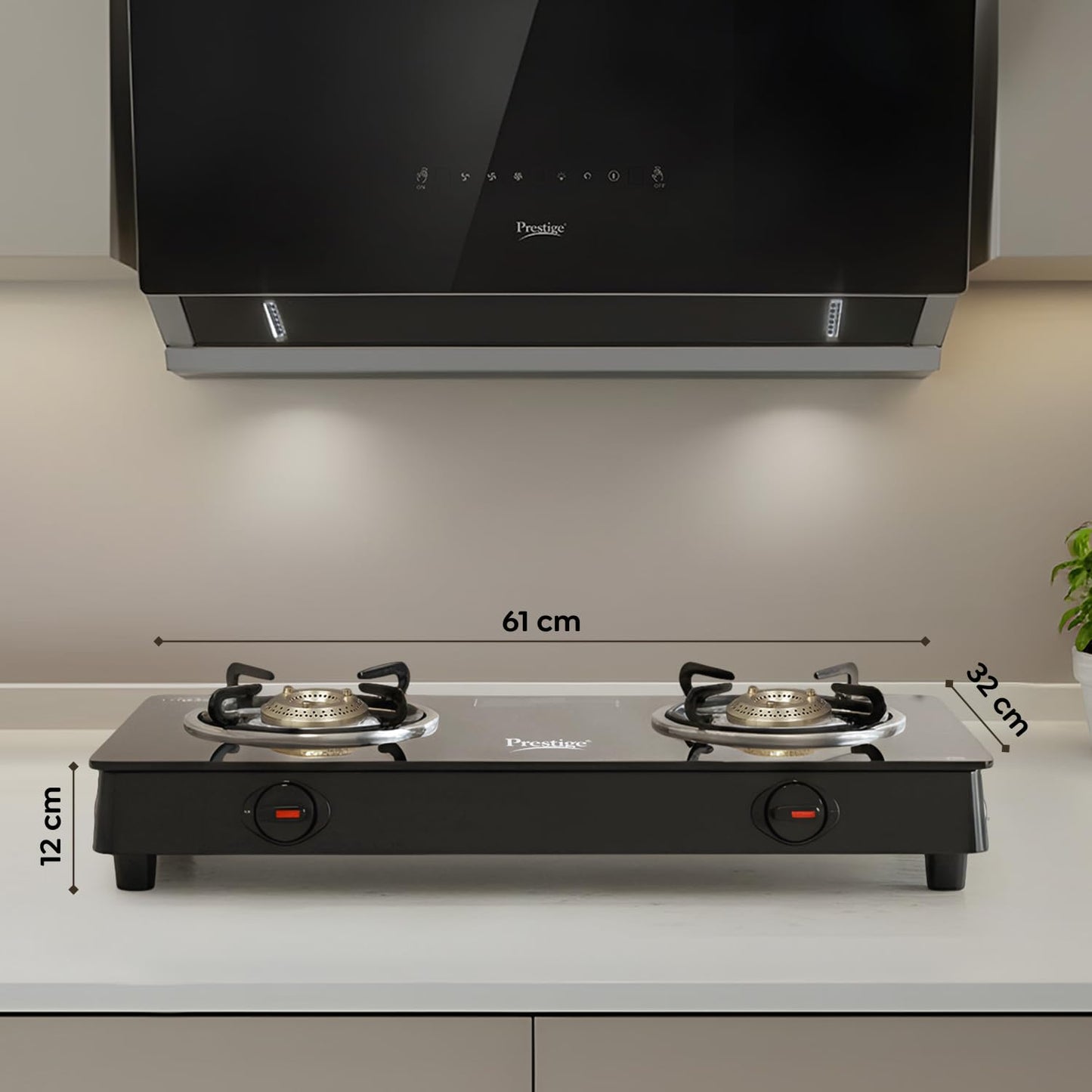 Prestige IRIS Toughened Glass-Top 2 Brass Burner LPG Gas Stove | Black | Spill Proof | Ergonomic Knobs | Tri-Pin Brass Burners |Open