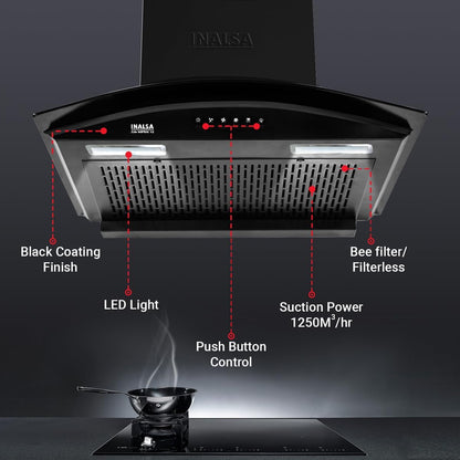 Inalsa Zylo 60PBAC Filterless 1250 m³/hr Curved Glass, Push Button Control 1250 CMH 60 cm Auto Clean Chimney (Wall Mounted, Black)