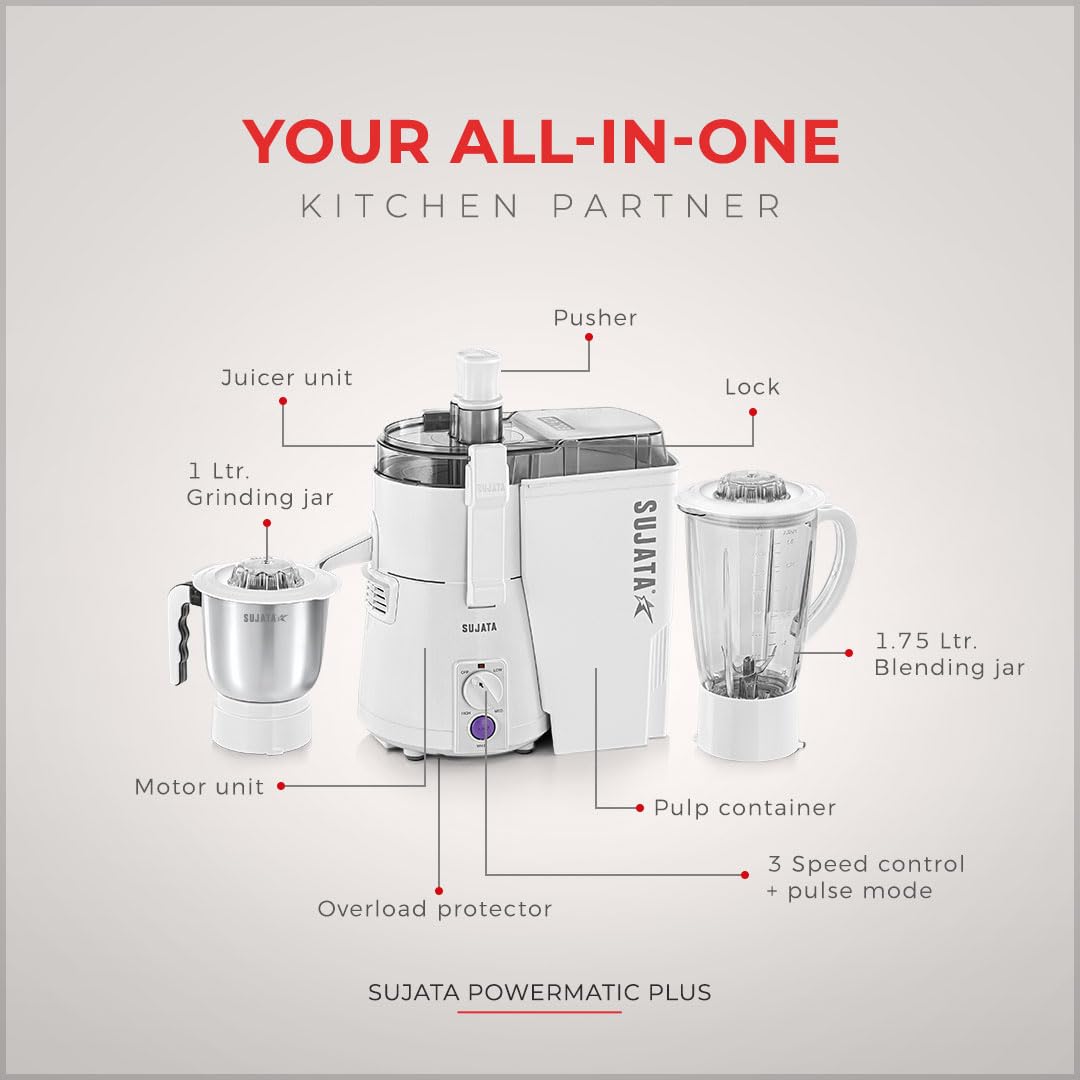 Sujata Powermatic Plus Juicer Mixer Grinder|900 Watts Double Ball Bearing Motor|22000 RPM|Non-Stop 90 Mins Running|2 Jars including 1750ml Blender, 1000ml Grinder Jar| (White)