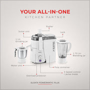 Sujata Powermatic Plus Juicer Mixer Grinder|900 Watts Double Ball Bearing Motor|22000 RPM|Non-Stop 90 Mins Running|2 Jars including 1750ml Blender, 1000ml Grinder Jar| (White)