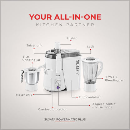 Sujata Powermatic Plus Juicer Mixer Grinder|900 Watts Double Ball Bearing Motor|22000 RPM|Non-Stop 90 Mins Running|2 Jars including 1750ml Blender, 1000ml Grinder Jar| (White)