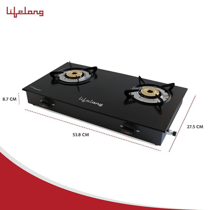 Lifelong 2 Burner Gas Stove Top for Kitchen - Manual Ignition Cooktop Modern Glass Stove for Modular Kitchen, ISI Certified & Compatible with LPG - 1 Year Manufacturer's (Black, LLGS10)