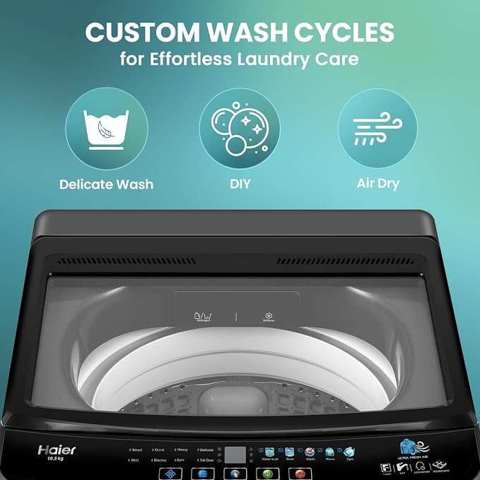 Haier 10 kg Powerful Oceanus Wave Drum, Custom Wash Cycles with 15 Mins Quick Wash, Smart Fuzzy Control, Balance Clean Pulsator, Magic Filter, Castor Wheels Fully Automatic Top Load Black (ETL100-C3P