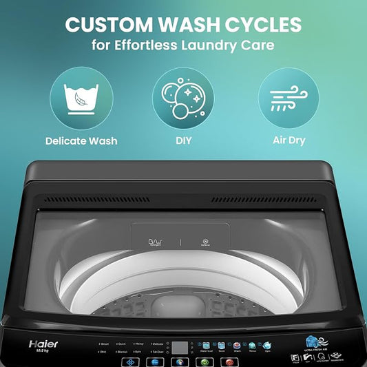 Haier 10 kg Powerful Oceanus Wave Drum, Custom Wash Cycles with 15 Mins Quick Wash, Smart Fuzzy Control, Balance Clean Pulsator, Magic Filter, Castor Wheels Fully Automatic Top Load Black (ETL100-C3P