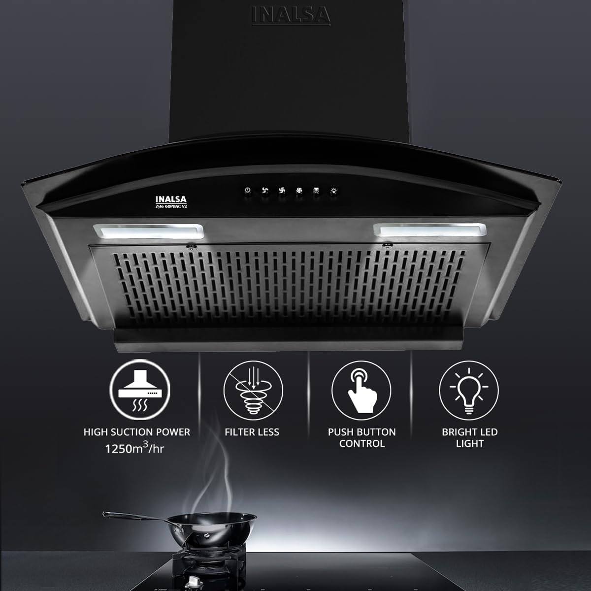 Inalsa Zylo 60PBAC Filterless 1250 m³/hr Curved Glass, Push Button Control 1250 CMH 60 cm Auto Clean Chimney (Wall Mounted, Black)