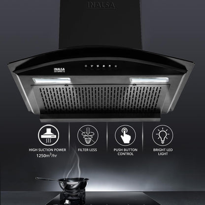 Inalsa Zylo 60PBAC Filterless 1250 m³/hr Curved Glass, Push Button Control 1250 CMH 60 cm Auto Clean Chimney (Wall Mounted, Black)