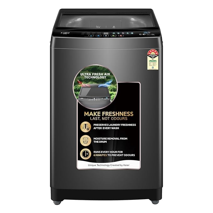 Haier 10 kg Powerful Oceanus Wave Drum, Custom Wash Cycles with 15 Mins Quick Wash, Smart Fuzzy Control, Balance Clean Pulsator, Magic Filter, Castor Wheels Fully Automatic Top Load Black (ETL100-C3P
