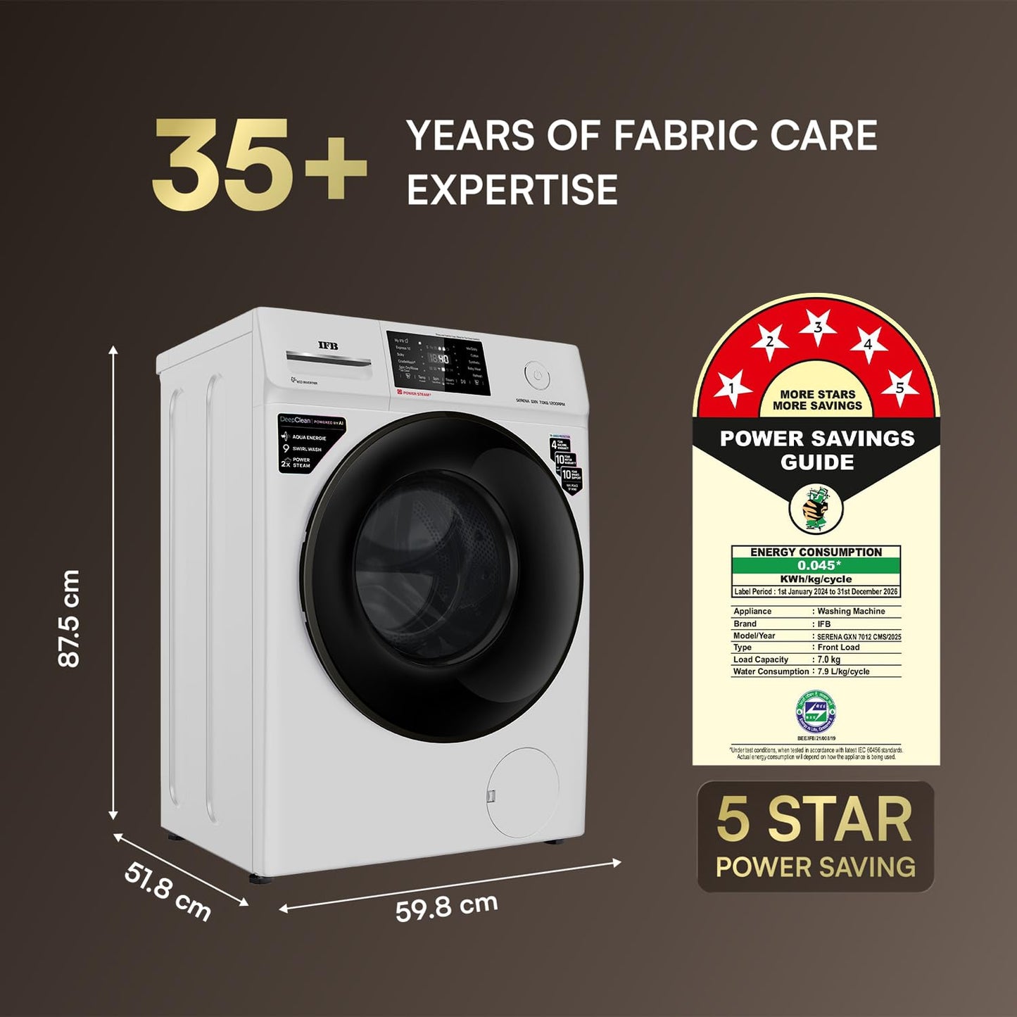 IFB 7 Kg 5 Star, DeepClean® Technology, AI Powered, WiFi, Fully Automatic Front Load Washing Machine (SERENA GXN 7012 CMS, PowerSteam®, 9 Swirl, Steam Refresh, Inbuilt Heater, Eco Inverter, Grey)