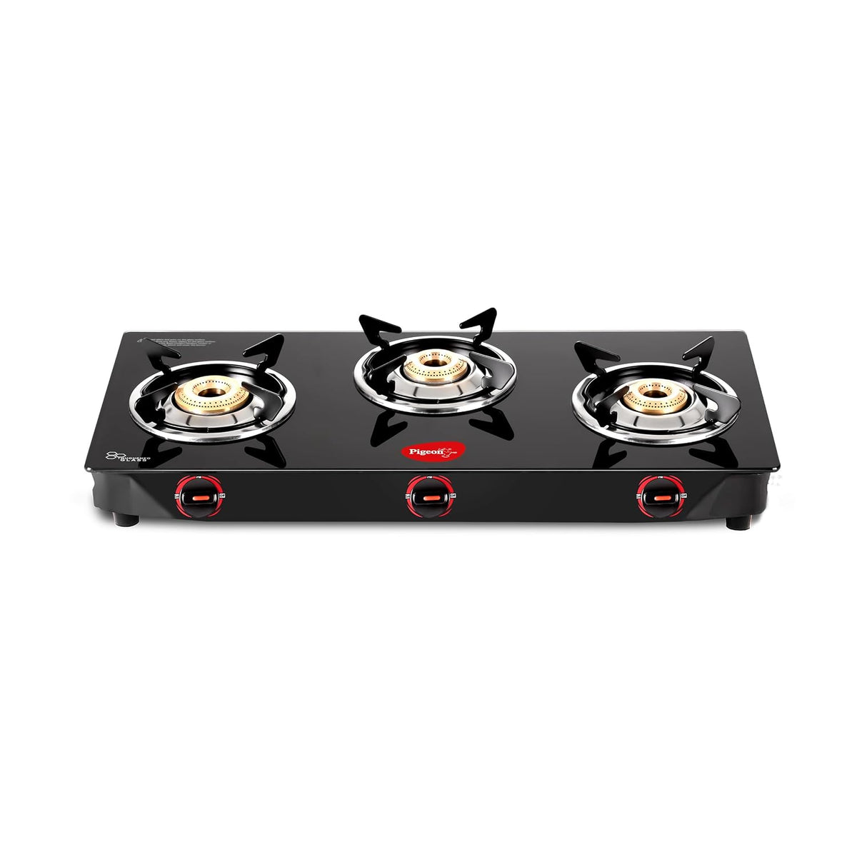 Pigeon by Stovekraft Aster 3 Burner Gas Stove with High Powered Brass Burner Gas Cooktop, Cooktop with Glass Top and Powder Coated Body, Black, Manual Ignition, Standard (14267)