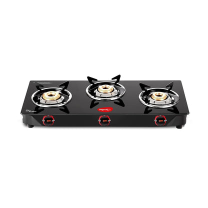 Pigeon by Stovekraft Aster 3 Burner Gas Stove with High Powered Brass Burner Gas Cooktop, Cooktop with Glass Top and Powder Coated Body, Black, Manual Ignition, Standard (14267)