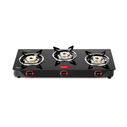 Pigeon by Stovekraft Aster 3 Burner Gas Stove with High Powered Brass Burner Gas Cooktop, Cooktop with Glass Top and Powder Coated Body, Black, Manual Ignition, Standard (14267)