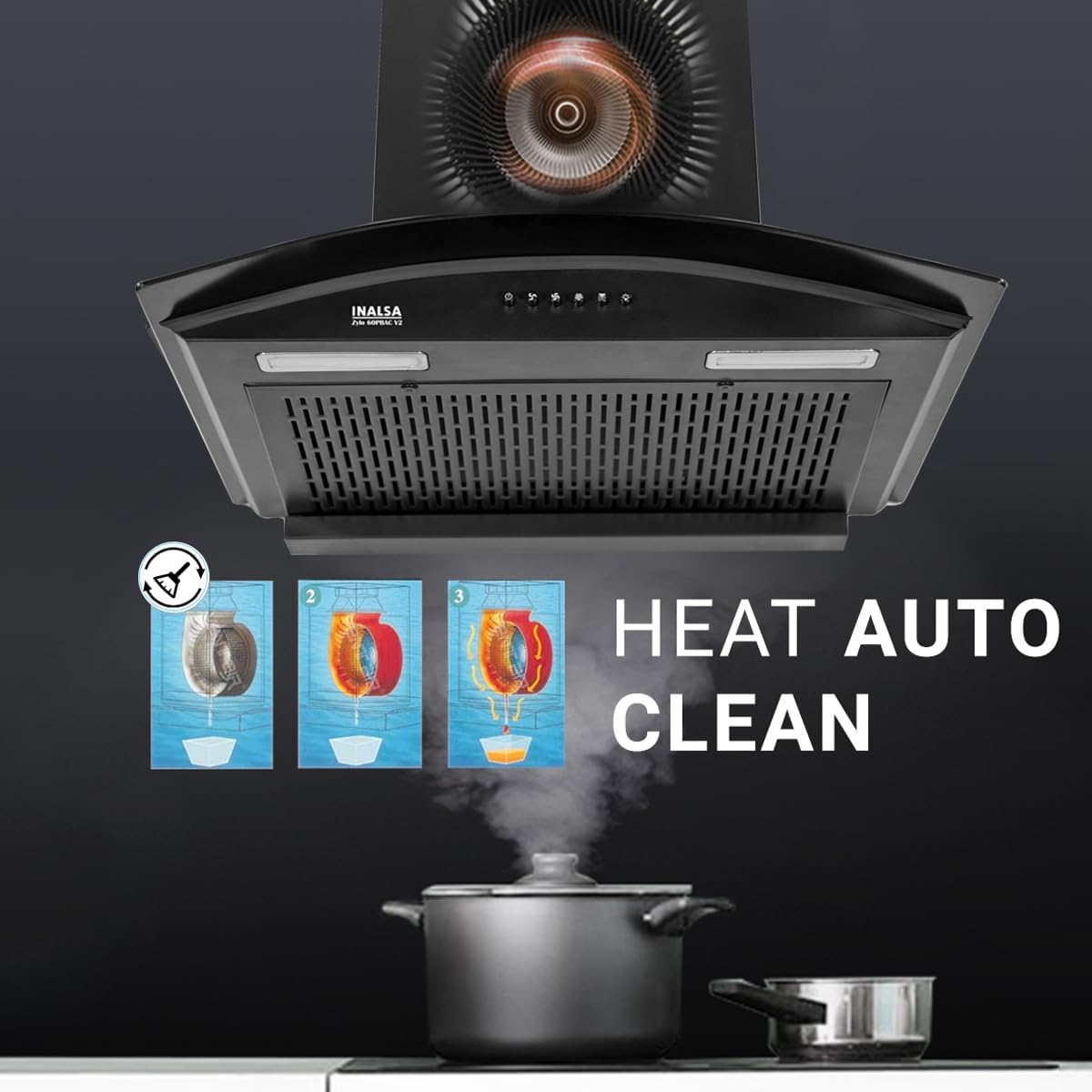 Inalsa Zylo 60PBAC Filterless 1250 m³/hr Curved Glass, Push Button Control 1250 CMH 60 cm Auto Clean Chimney (Wall Mounted, Black)