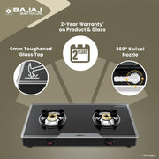 Bajaj 2Brgp7 Stainless Steel Glass Top Gas Stove with 2 Brass Burners, Isi Certified, Anti-Viral & Anti-Bacterial...