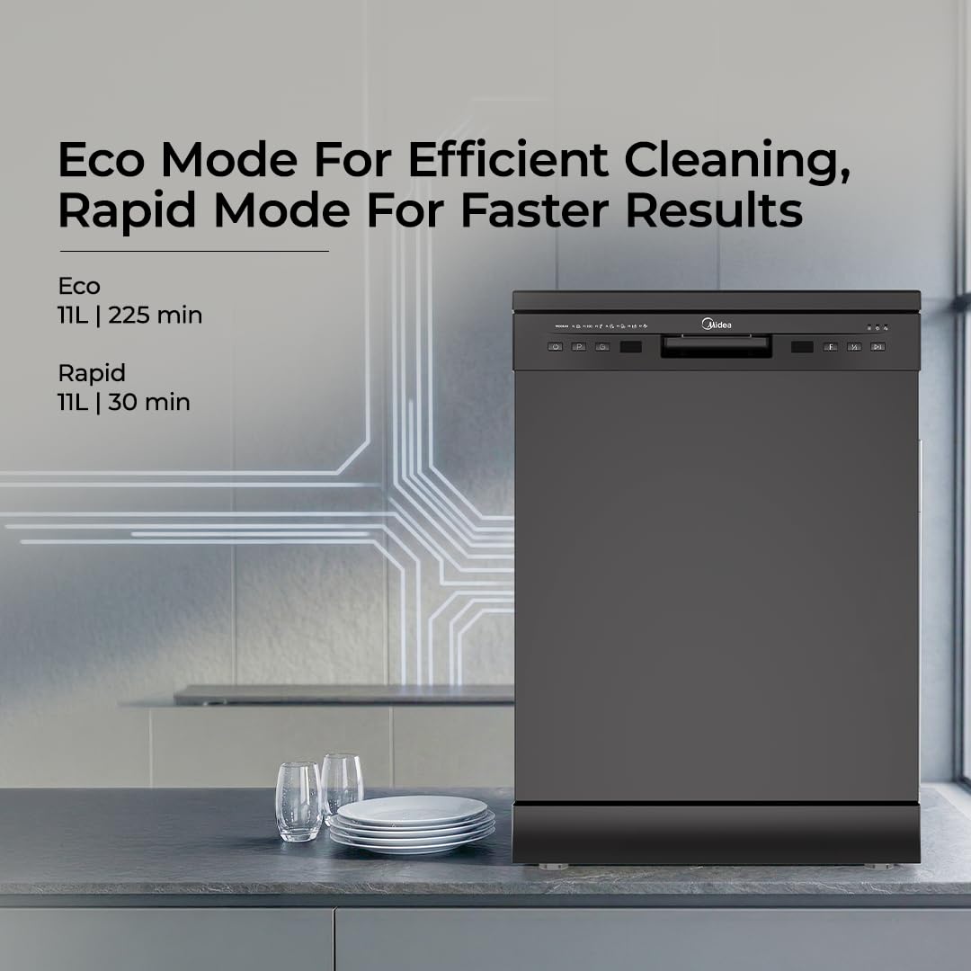 Midea 13 Place Setting Freestanding Dishwasher, 7 Wash Programs, Intensive 70°C, Glass Care Mode (MDWPF1301F(B) IN, ECO & Rapid Wash, Fully Automatic, Suitable for Indian Kitchen)