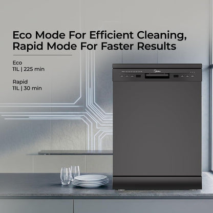 Midea 13 Place Setting Freestanding Dishwasher, 7 Wash Programs, Intensive 70°C, Glass Care Mode (MDWPF1301F(B) IN, ECO & Rapid Wash, Fully Automatic, Suitable for Indian Kitchen)