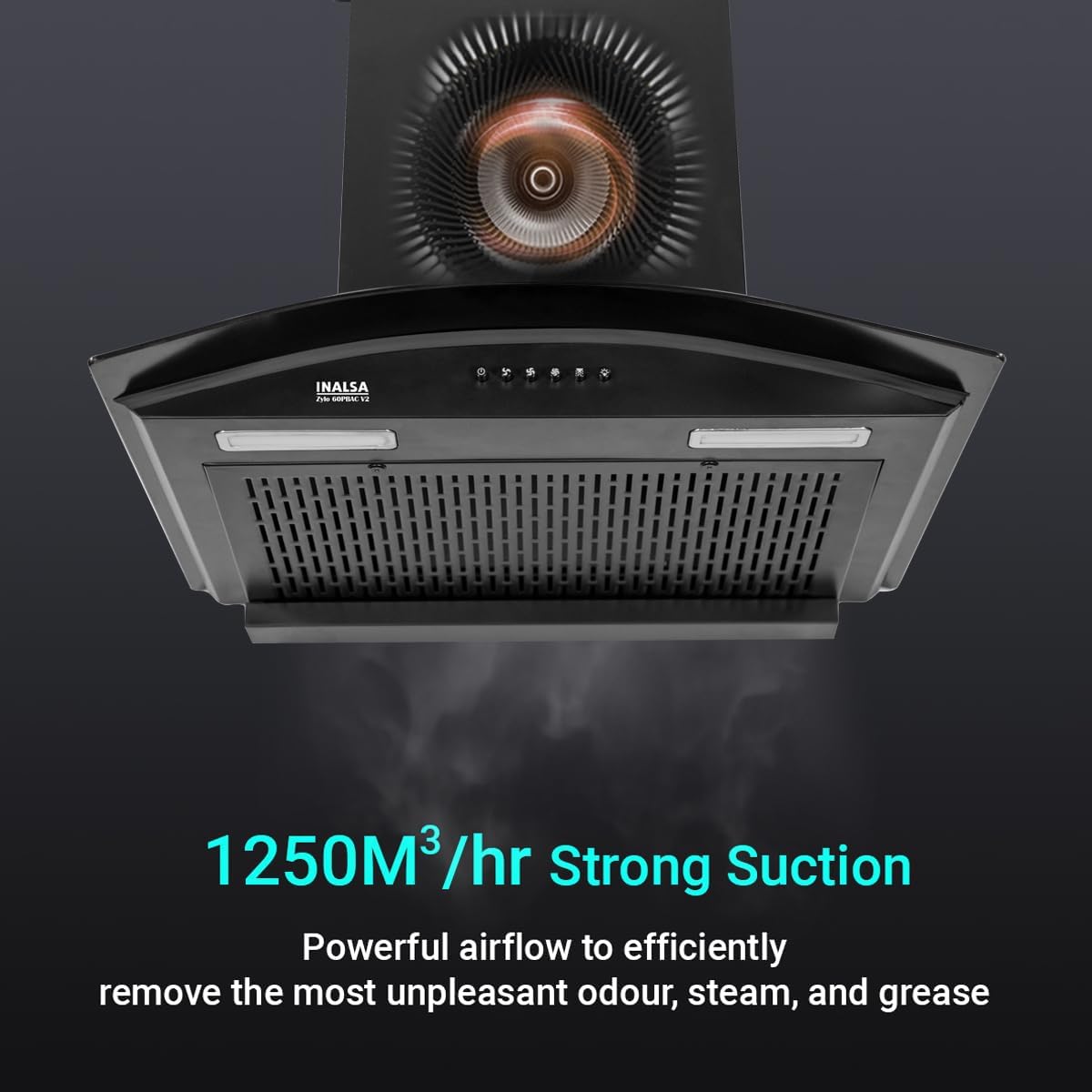 Inalsa Zylo 60PBAC Filterless 1250 m³/hr Curved Glass, Push Button Control 1250 CMH 60 cm Auto Clean Chimney (Wall Mounted, Black)