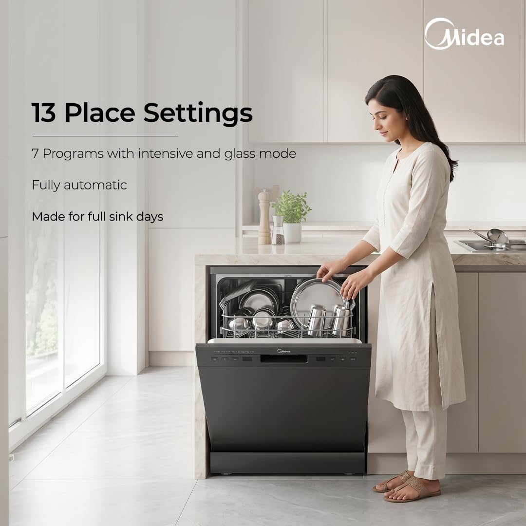 Midea 13 Place Setting Freestanding Dishwasher, 7 Wash Programs, Intensive 70°C, Glass Care Mode (MDWPF1301F(B) IN, ECO & Rapid Wash, Fully Automatic, Suitable for Indian Kitchen)