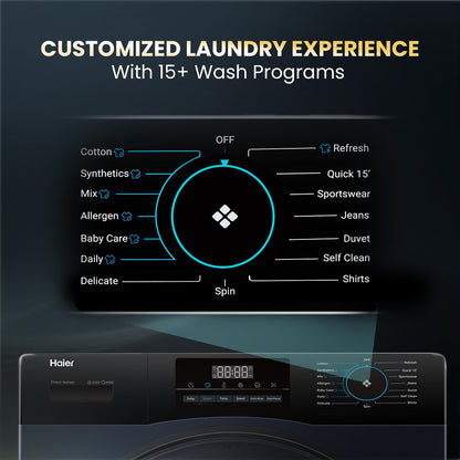 Haier 8Kg, 5 Star, Powered by AI-DBT, Ai Wash, PuriSteam with Inbuilt Heater, 525 mm Super Drum Fully Automatic Front Load Washer (EFL80-IM12IBIEBK | Black)