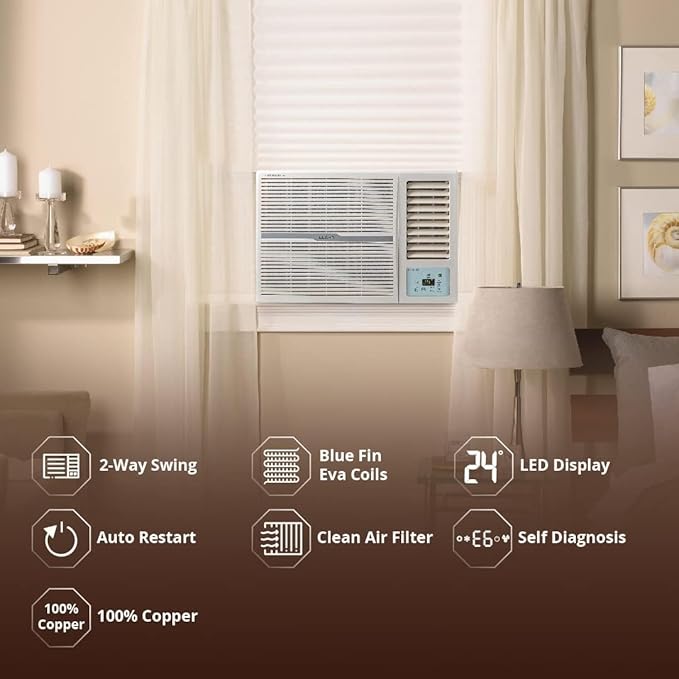 Lloyd 1.0 Ton 2 Star Fixed Speed Window AC, White with Silver Deco Strip, Copper, GLW12D2FESSW