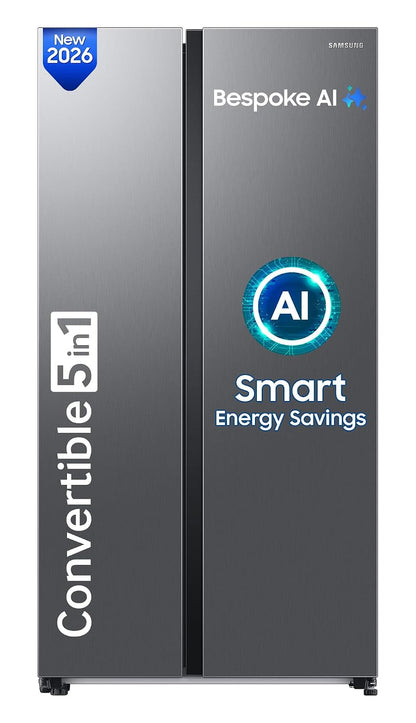 Samsung 653 L, 3 Star, Frost Free, Double Door, Convertible 5-in-1 Digital Inverter, Side By Side AI Enabled Smart Refrigerator with WiFi (RS76CG8003S9HL, Silver, Refined Inox)