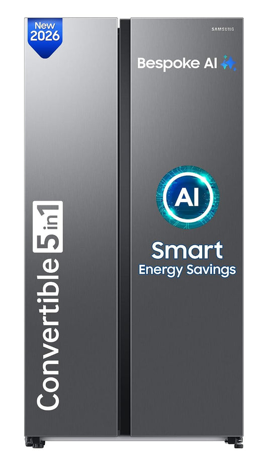 Samsung 653 L, 3 Star, Frost Free, Double Door, Convertible 5-in-1 Digital Inverter, Side By Side AI Enabled Smart Refrigerator with WiFi (RS76CG8003S9HL, Silver, Refined Inox)