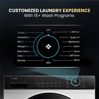 Haier 8 kg 5 Star with Powered by AI-DBT, PuriSteam, 525 mm Super Drum, Inverter Motor, Inbuilt Heater, Washer Fully Automatic Front Load Black, White (HW80-IM12929C)