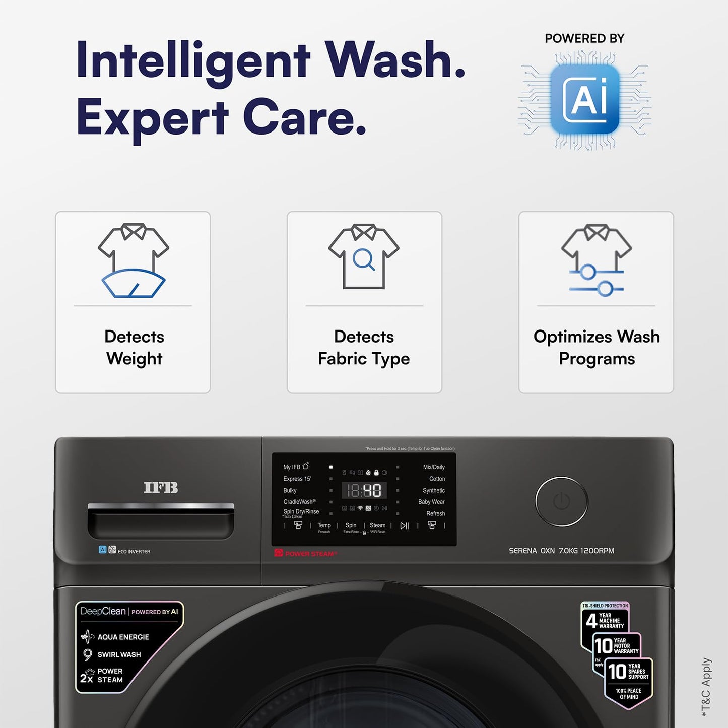 IFB 7 Kg 5 Star, DeepClean® Technology, AI Powered, WiFi, Fully Automatic Front Load Washing Machine (SERENA OXN 7012 CMS, PowerSteam®, 9 Swirl, Steam Refresh, Inbuilt Heater, Eco Inverter, Onyx)