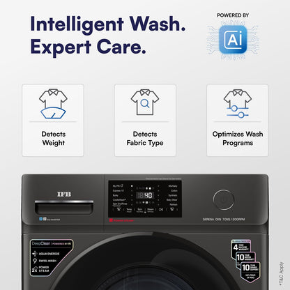 IFB 7 Kg 5 Star, DeepClean® Technology, AI Powered, WiFi, Fully Automatic Front Load Washing Machine (SERENA OXN 7012 CMS, PowerSteam®, 9 Swirl, Steam Refresh, Inbuilt Heater, Eco Inverter, Onyx)