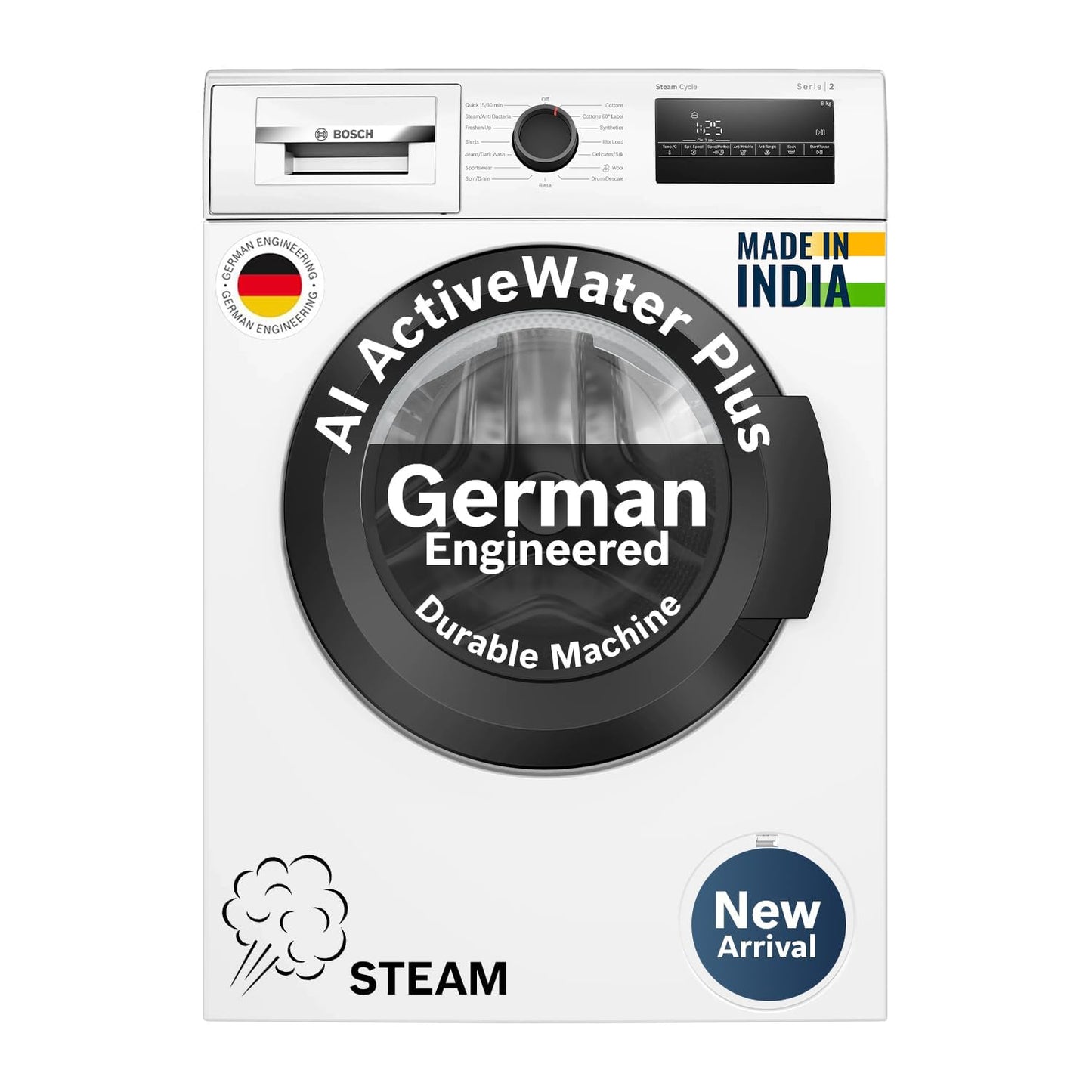 Bosch 8 kg 5 Star Front Load Fully-Automatic Washing Machine, AI ActiveWater, 15 Wash Programs, Removes 99.9% Germs with Steam, No Tangle or Wrinkle,White, WAJ28260IN