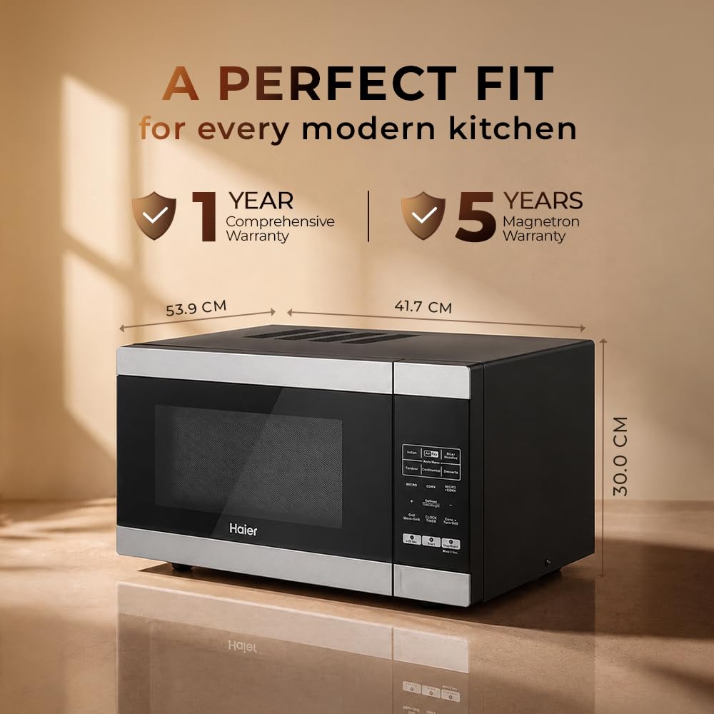 Haier 30L Convection Microwave Oven (HIL3001ARSB, Black) with In-Built Air Fryer | Motorized Rotisserie | Stainless-steel Cavity | 5 In 1 Microwave oven Visit the Haier Store