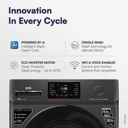 IFB 7 Kg 5 Star, DeepClean® Technology, AI Powered, WiFi, Fully Automatic Front Load Washing Machine (SERENA OXN 7012 CMS, PowerSteam®, 9 Swirl, Steam Refresh, Inbuilt Heater, Eco Inverter, Onyx)