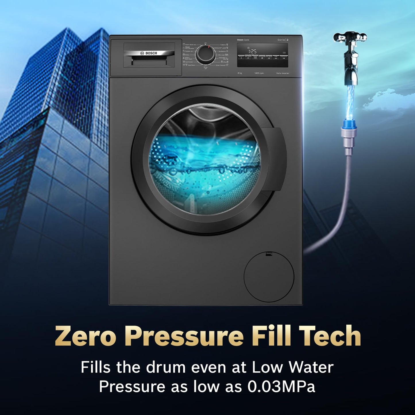 Bosch 8 kg 5 Star Front Load Fully-Automatic Washing Machine, AI ActiveWater,15 Wash Programs, Removes 99.9% Germs with Steam, No Tangle or Wrinkle, Zero Vibration, Black/Grey, WAJ2826CIN