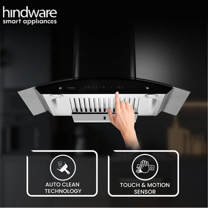 Hindware Smart Appliances Nevio Plus 90 IN 1300 CMH 90 cm | Curved Glass | Baffle Filter | Touch Control | Motion Sensor | 10 Years Motor Warranty | Energy Efficient LED Light | Powerful Suction | Auto Clean Chimney (Wall Mounted, Black)