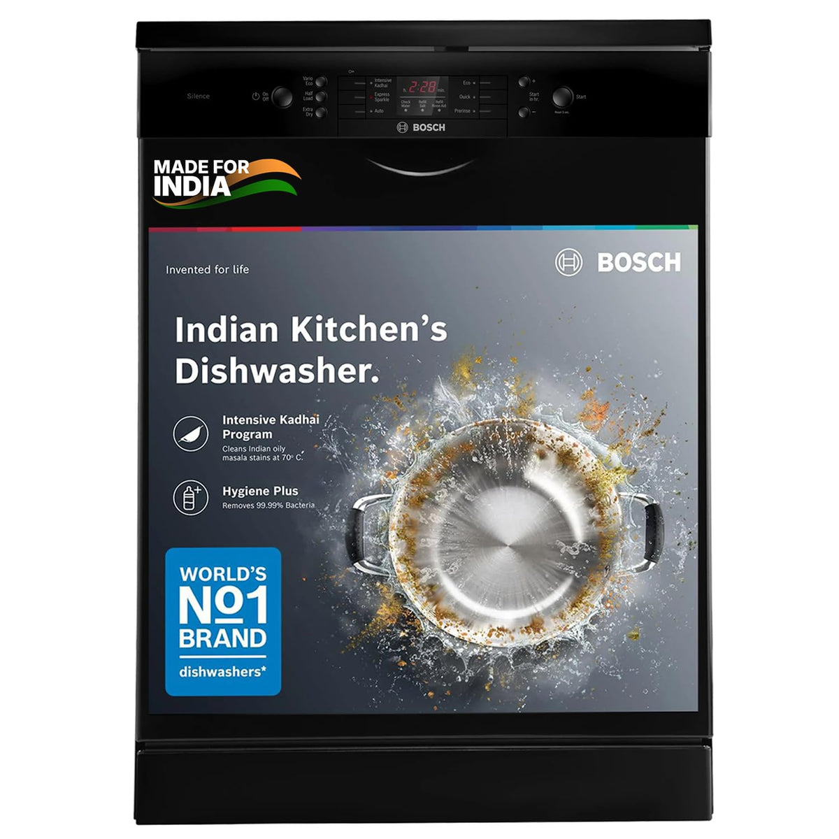 Bosch 13 Place Setting (fits up to 70 utensils) Free-Standing Dishwasher for Indian Utensils | Hygiene+ & Intensive Kadhai Program (SMS66GB01I, Inbuilt Heater, Removes 99.9% Germs, White)