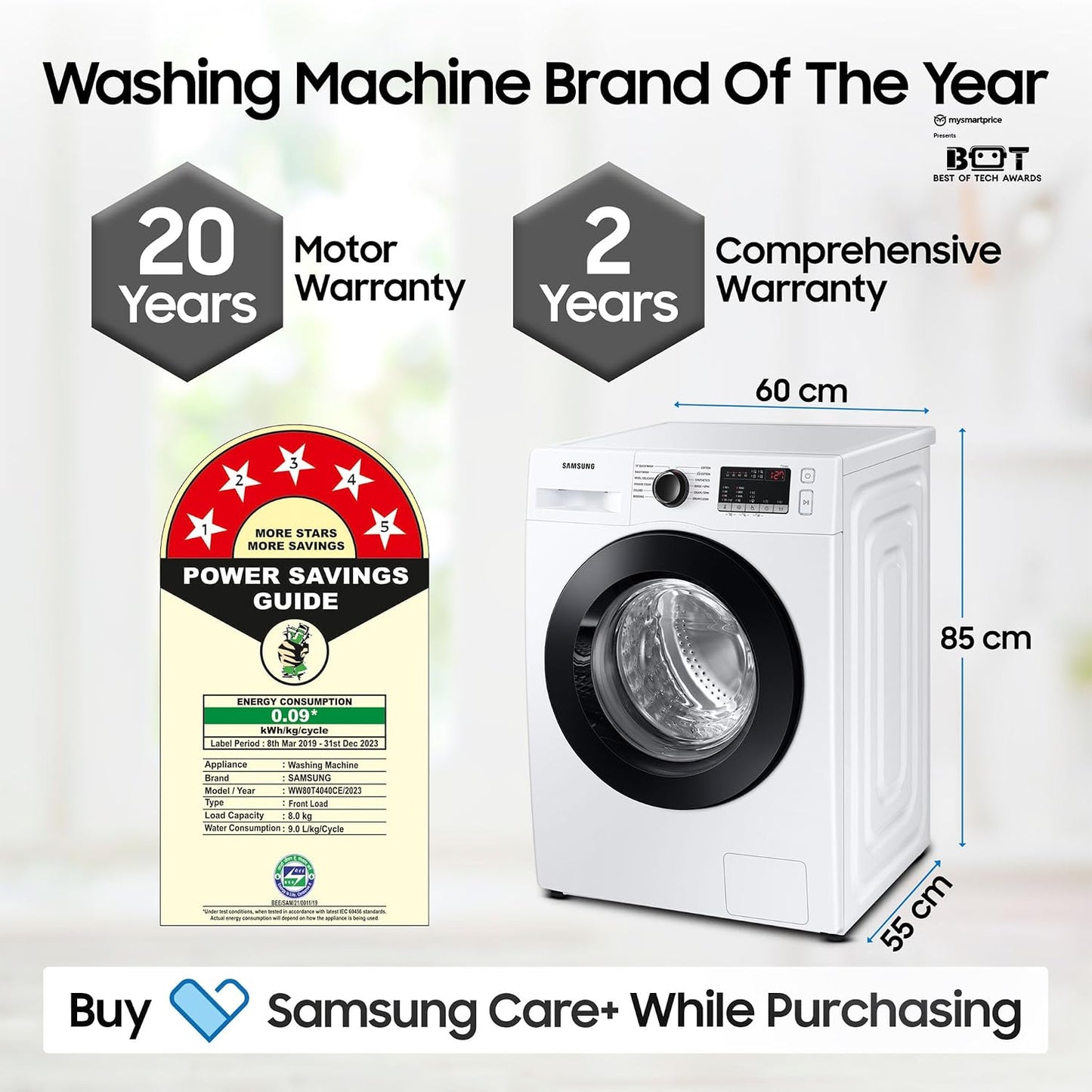 SAMSUNG 8 kg 5 Star Inverter Fully Automatic Front Load Washing Machine (WW80T4040CE1TL, Diamond Drum, White)