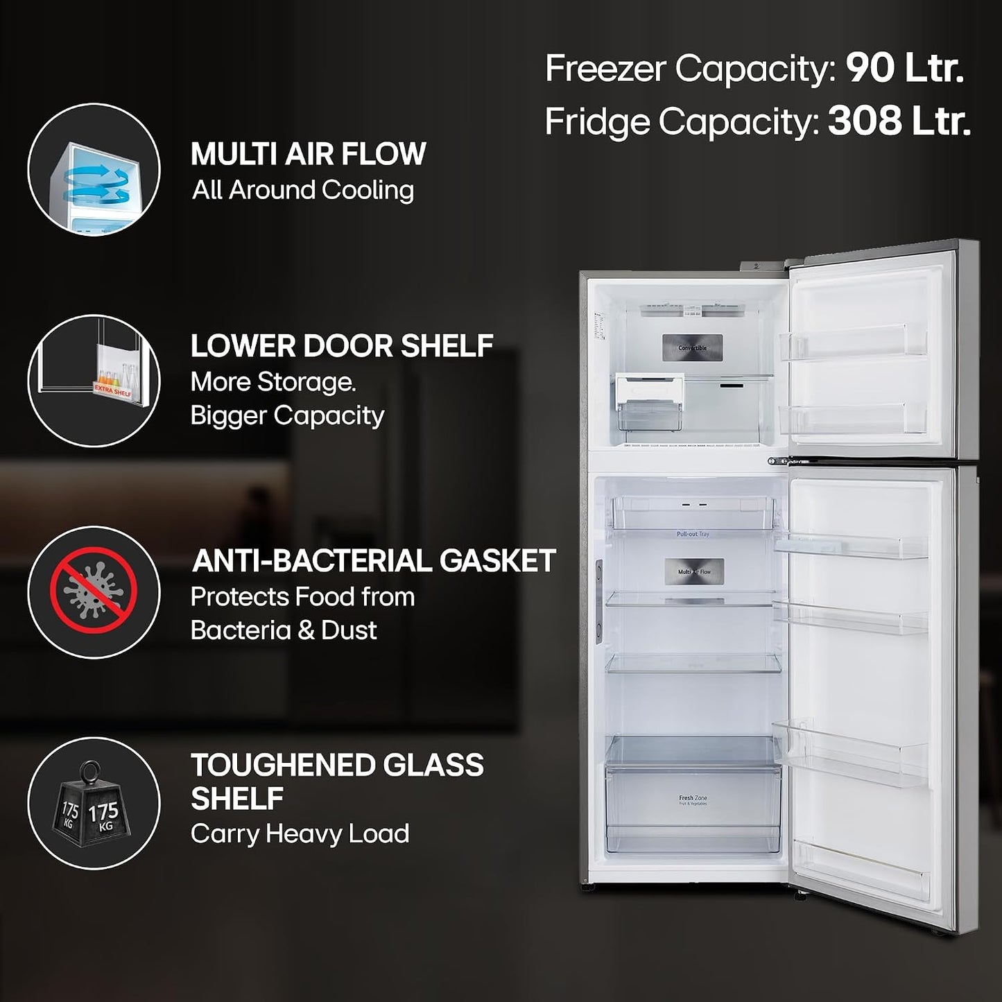 LG 398 L Frost Free Double Door 3 Star Convertible Refrigerator with Smart Inverter Compressor (Shiny Steel, GL-S422SPZX)