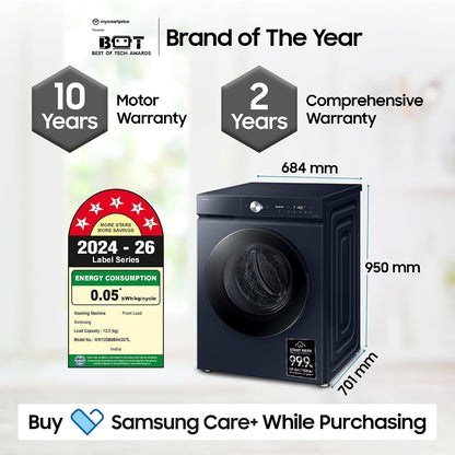 Samsung 12 kg, 5 Star, AI Control, Super Speed, Wi-Fi, Hygiene Steam with Inbuilt Heater, Digital Inverter, Fully-Automatic Front Load Washing Machine (WW12DB8B54GSTL, Navy)