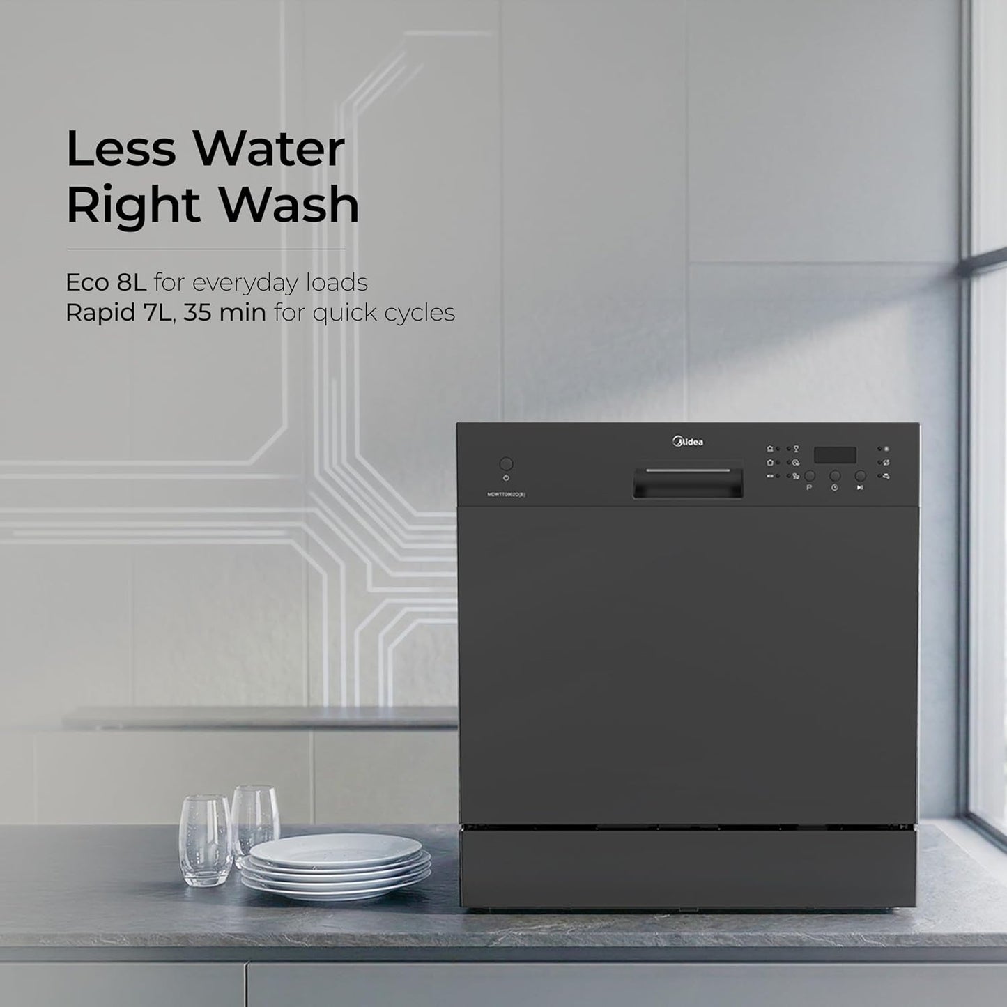 Midea 8 Place Setting Countertop Dishwasher, 6 Wash Programs, Intensive Wash, Water Efficient (Portable Table Top, Compact Design, Suitable for Indian Utensils, Small Family Use)