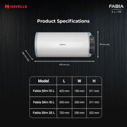 Havells Fabia Slim 15L Horizontal Left Storage Water Heater(Geyser)|Faster Heating|Safer to use|Saves electricity|Anti Rust Tank|Incoloy Element|7 Year Tank Warranty| Free Installation & Flexi Pipes