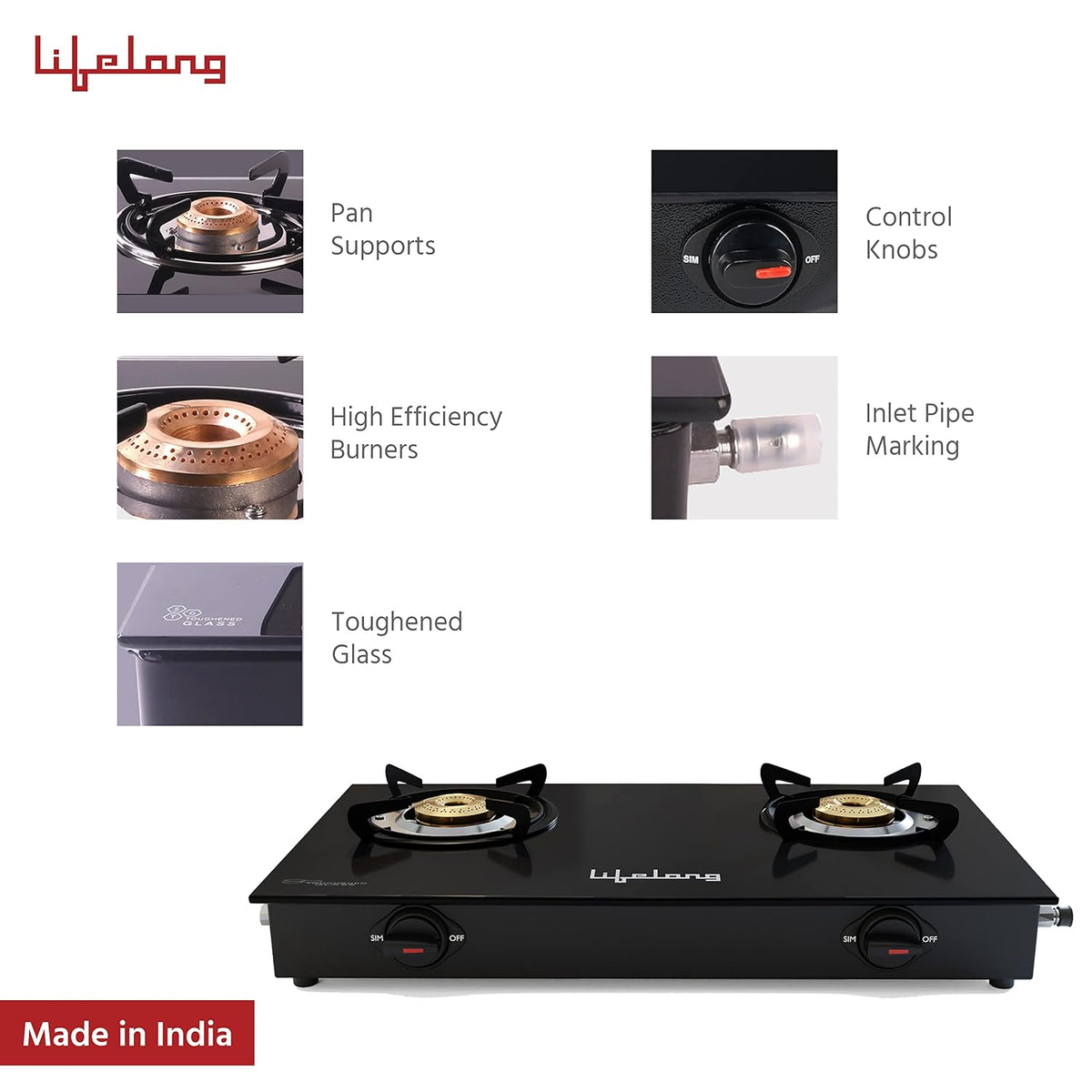 Lifelong 2 Burner Gas Stove Top for Kitchen - Manual Ignition Cooktop Modern Glass Stove for Modular Kitchen, ISI Certified & Compatible with LPG - 1 Year Manufacturer's (Black, LLGS10)