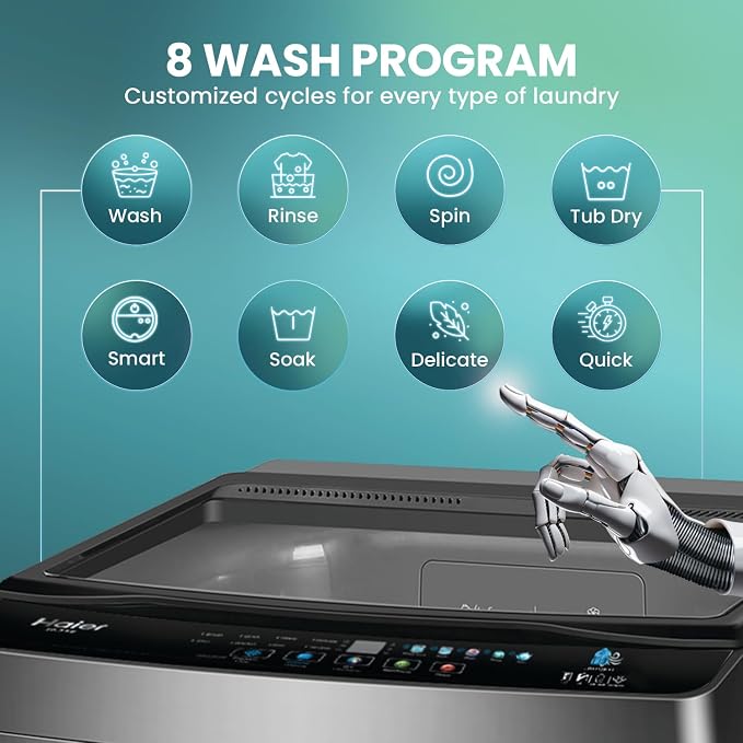 Haier 10 kg Powerful Oceanus Wave Drum, Custom Wash Cycles with 15 Mins Quick Wash, Smart Fuzzy Control, Balance Clean Pulsator, Magic Filter, Castor Wheels Fully Automatic Top Load Black (ETL100-C3P
