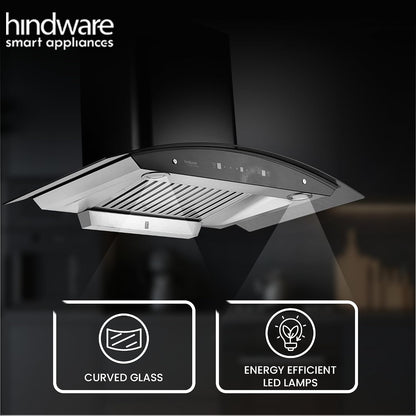 Hindware Smart Appliances Nevio Plus 90 IN 1300 CMH 90 cm | Curved Glass | Baffle Filter | Touch Control | Motion Sensor | 10 Years Motor Warranty | Energy Efficient LED Light | Powerful Suction | Auto Clean Chimney (Wall Mounted, Black)