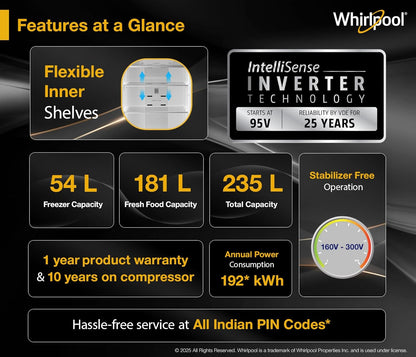 Whirlpool 235 L Frost Free Double Door 3 Star Refrigerator (Radiant Steel, IF INV ELT DF278 RADIANT STEEL(3S)-TL)