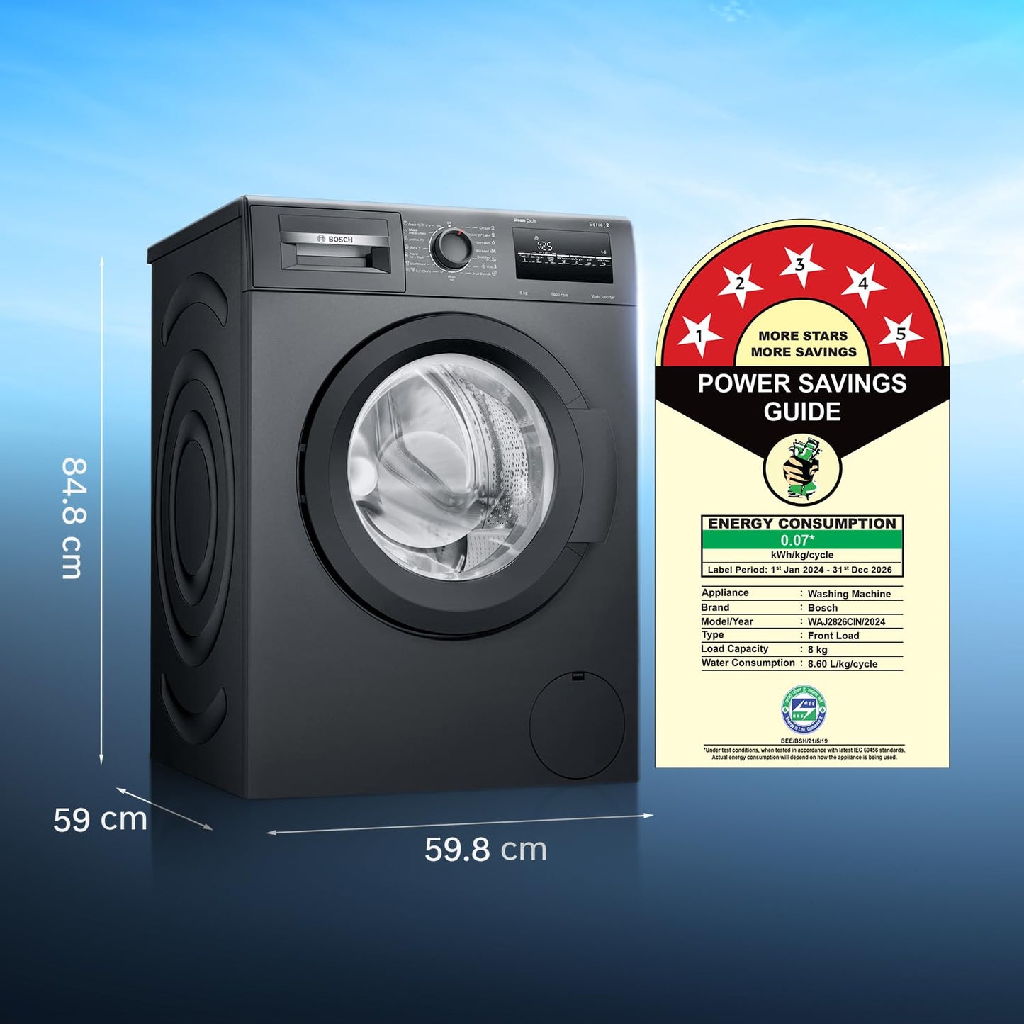 Bosch 8 kg 5 Star Front Load Fully-Automatic Washing Machine, AI ActiveWater,15 Wash Programs, Removes 99.9% Germs with Steam, No Tangle or Wrinkle, Zero Vibration, Black/Grey, WAJ2826CIN