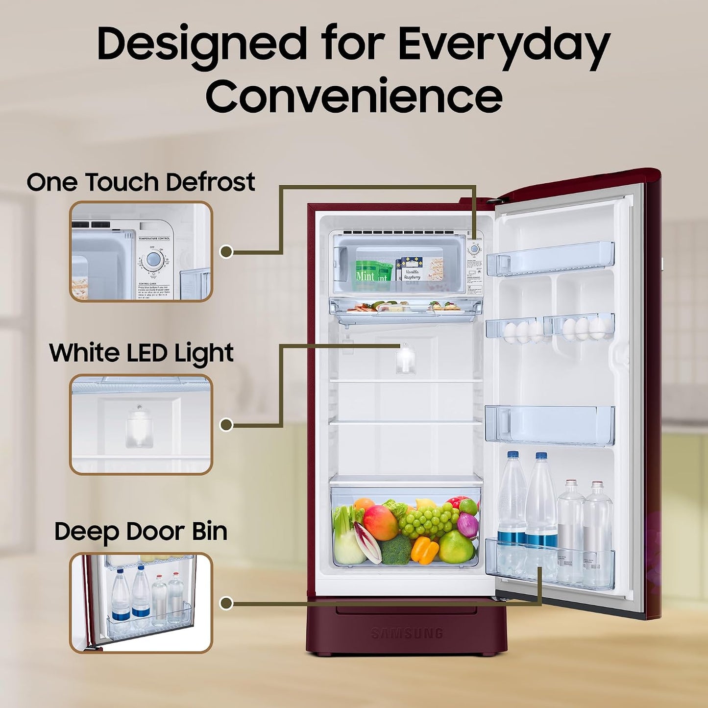 Samsung 189 L, 4 Star, Digital Inverter, Direct-Cool Single Door Refrigerator (RR21H2H24HT/HL, Red, Hydrangea Plum, Base Stand Drawer, Single Touch Defrost, 2026 Model)