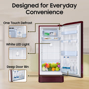 Samsung 189 L, 4 Star, Digital Inverter, Direct-Cool Single Door Refrigerator (RR21H2H24HT/HL, Red, Hydrangea Plum, Base Stand Drawer, Single Touch Defrost, 2026 Model)