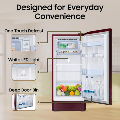 Samsung 189 L, 4 Star, Digital Inverter, Direct-Cool Single Door Refrigerator (RR21H2H24HT/HL, Red, Hydrangea Plum, Base Stand Drawer, Single Touch Defrost, 2026 Model)