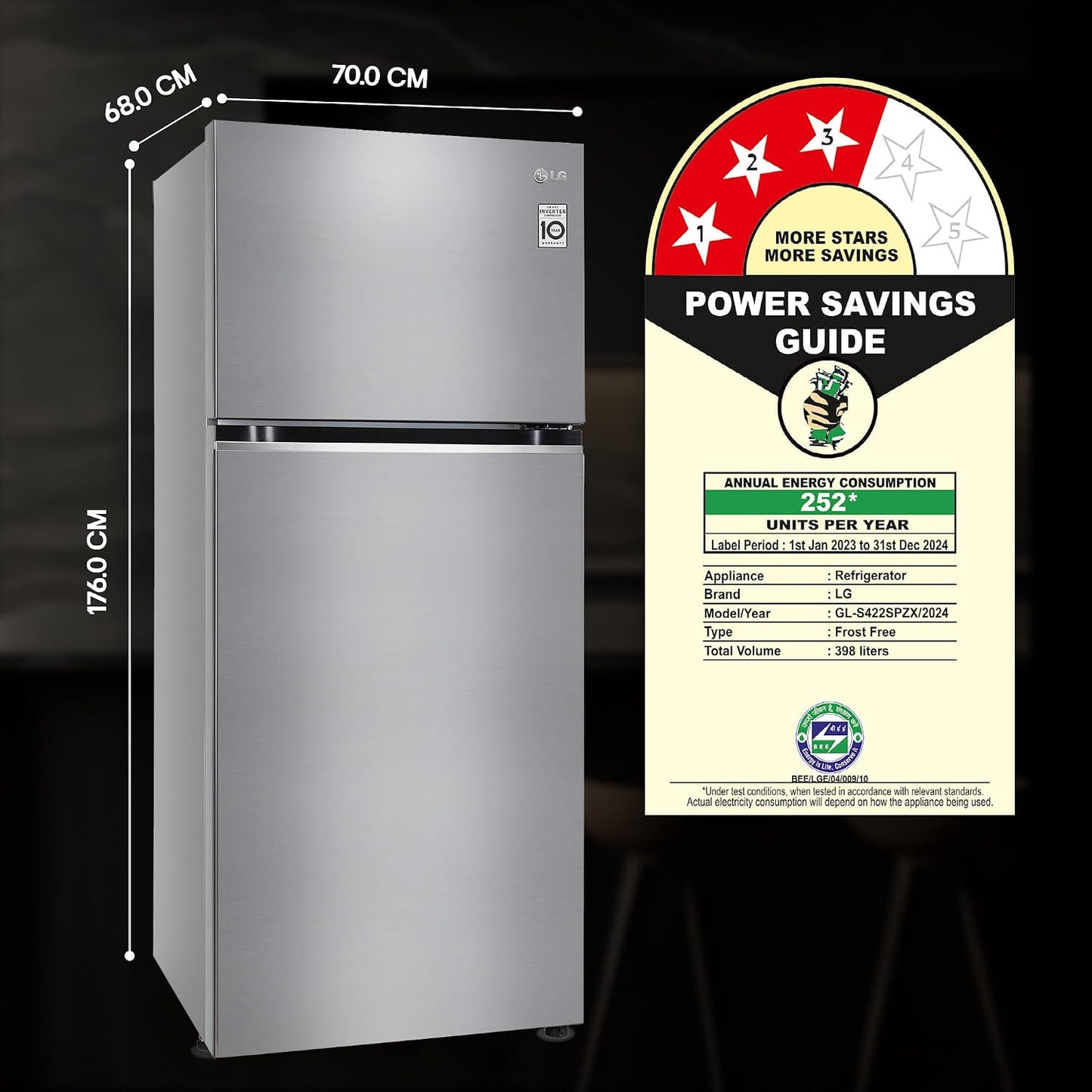 LG 398 L Frost Free Double Door 3 Star Convertible Refrigerator with Smart Inverter Compressor (Shiny Steel, GL-S422SPZX)