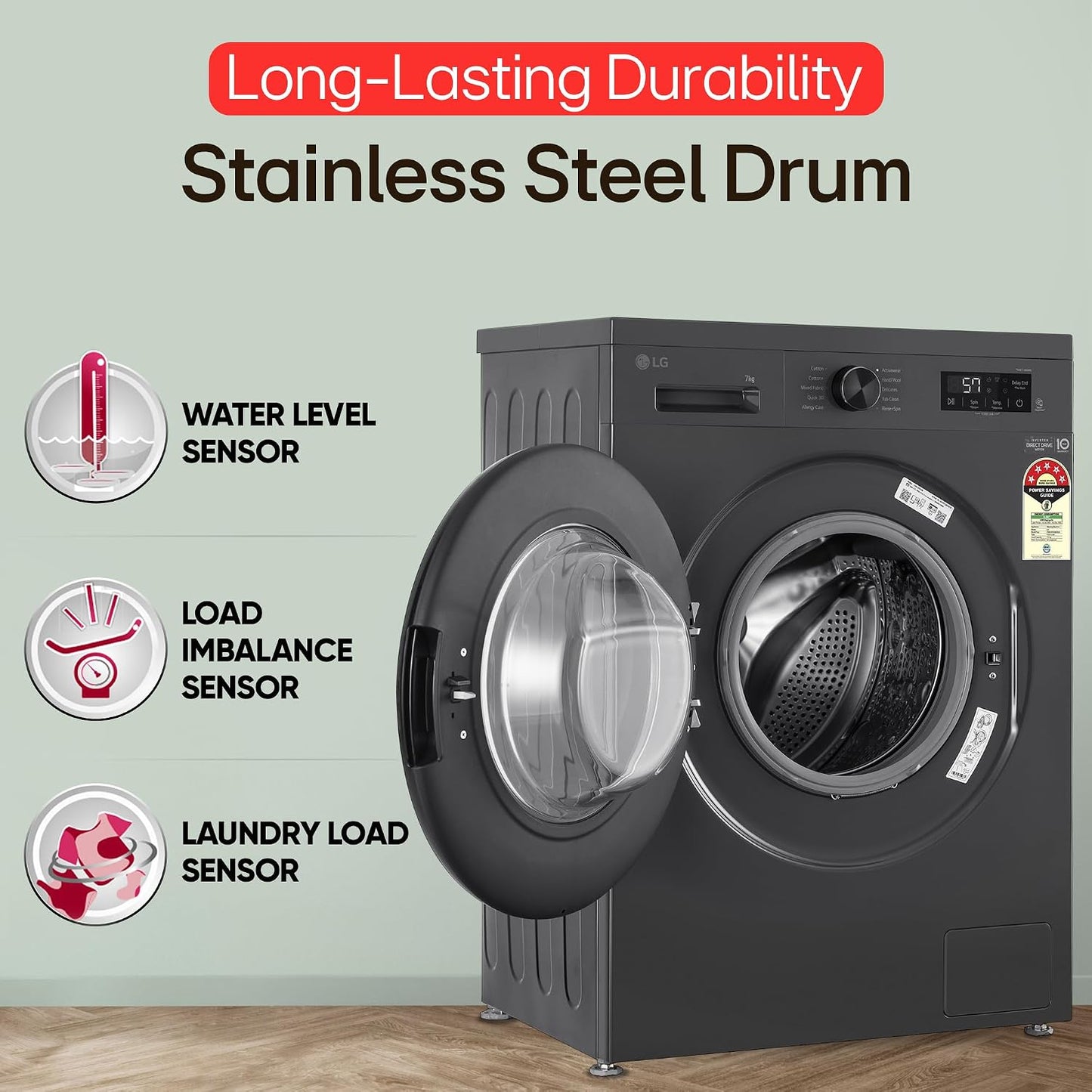 LG 7 kg 5 Star, Inverter Direct Drive Technology, 6 Motion DD, Reduce germs & allergens with steam cycles, In-built Heater & Touch Panel Fully Automatic Front Load with In-built Heater Black, Grey (FHB1207Z2M)